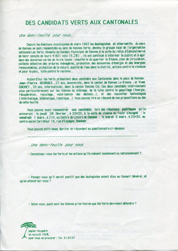 DES CANDIDATS VERTS AUX CANTONALES (1985)